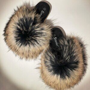 Real Raccoon Fur Slides